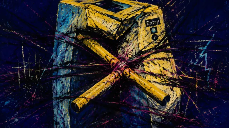 Compulsory Passage A distorted subway turnstile bound by chaotic lines represents mediator burnout and pressure to