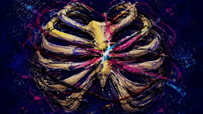 The Contracted Ribcage A compressed ribcage tangled by harsh lines represents adult role regression, self-censorship, 8
