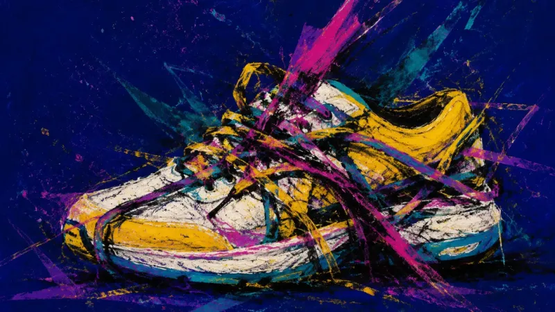 Pace Under Siege A distorted sneaker trapped by crossing lines, representing comparison-driven path abandonment and ,