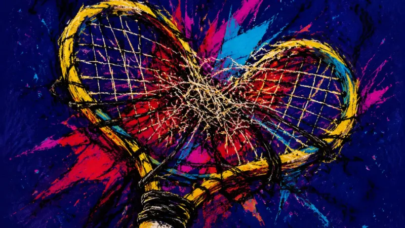 A tennis racket crushed around a tangled string bed, representing forced optimism, suppressed fe