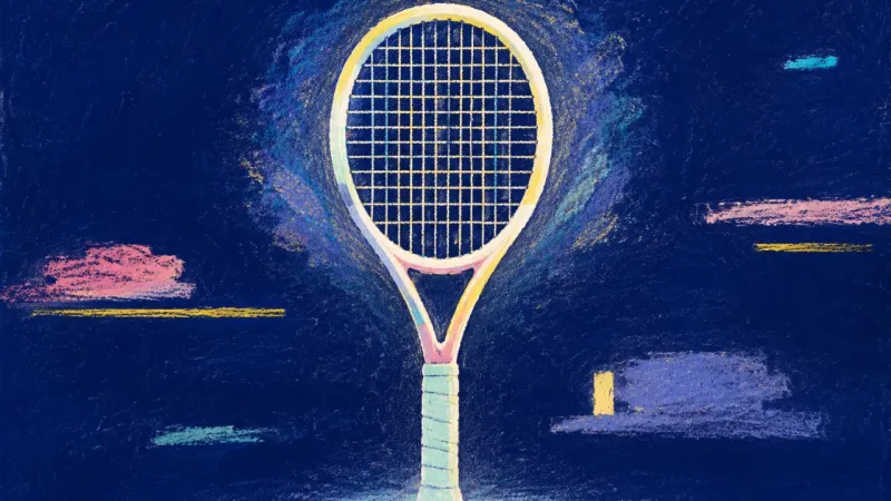 A restored tennis racket with an orderly string lattice, symbolizing emotional honesty, balanced bo