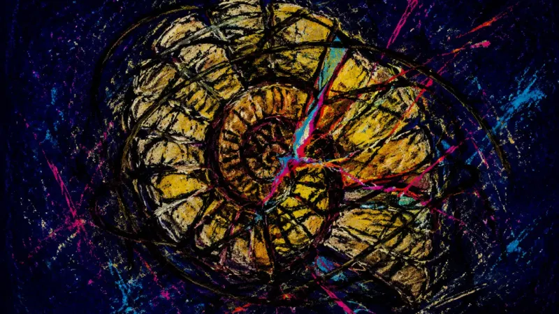 Crushed Whorls An ammonite compressed by tangled bands, representing career ambivalence and the loss of agency