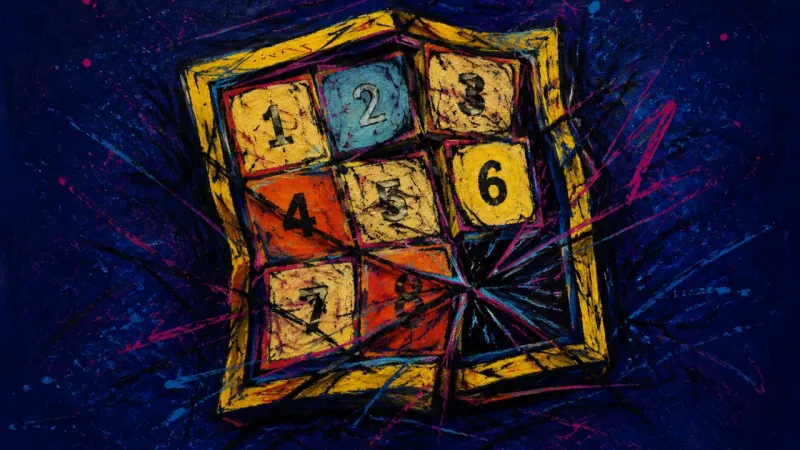 Every Move Jammed A sliding puzzle crushed into a line-bound jam, representing choice paralysis and the pressure to