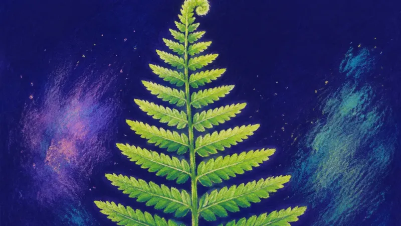 Measured Unfurling A fully unfurled fern frond in balanced order, representing a self-defined launch rhythm restored by