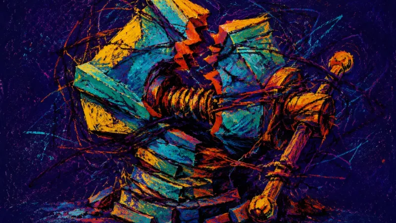 Vise of Worth A distorted bench vise trapped in dense lines, representing overwork, stalled advancement, and the
