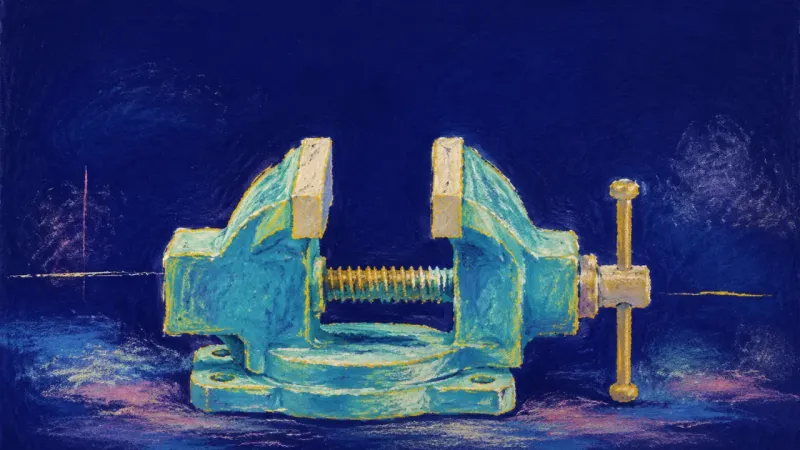 Measured Release An open, orderly bench vise representing a shift from endless overwork to clear role terms, fair