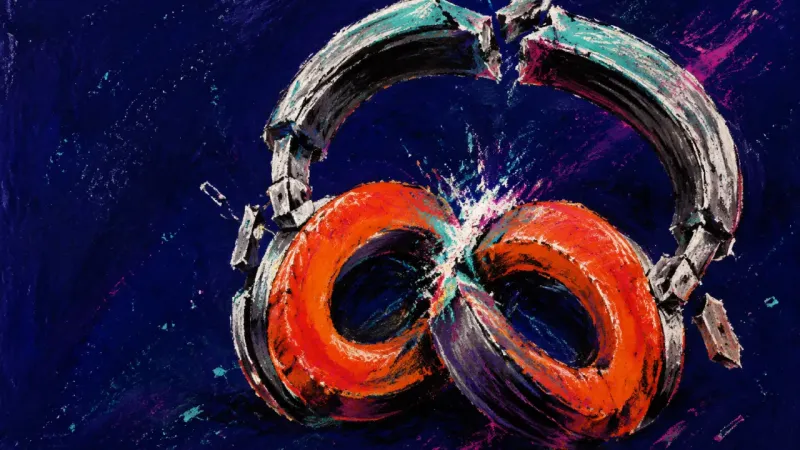 The Curated Detour Over-ear headphones crushed into an interlocking knot, symbolizing the setup-content loop that keeps