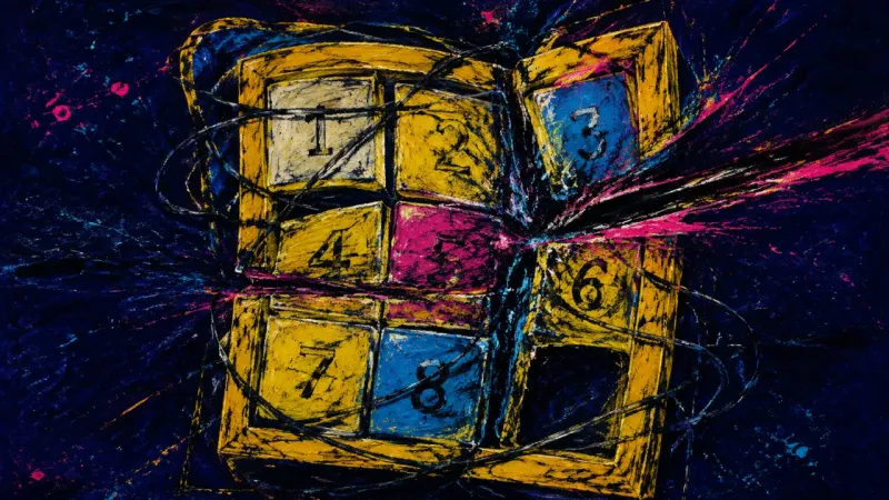 The Jammed Grid A sliding puzzle crushed into a tangled grid, expressing dread and paralysis caused by study-setup