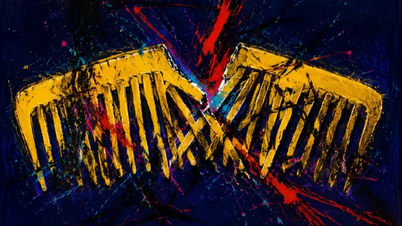 Comb Under Strain A distorted comb trapped in dense crossing lines, representing friendship boundary guilt, compulsive