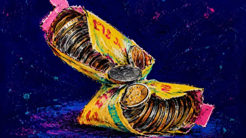 A coin roll bent until its wrapper bursts and the coins buckle across the split, symbolizing the—
