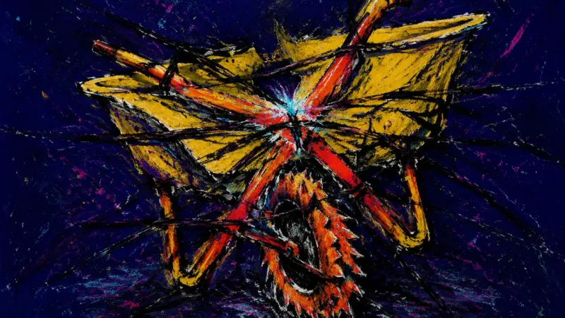 A distorted wheelbarrow bound by dense intersecting lines, representing hyper-independence and fear—