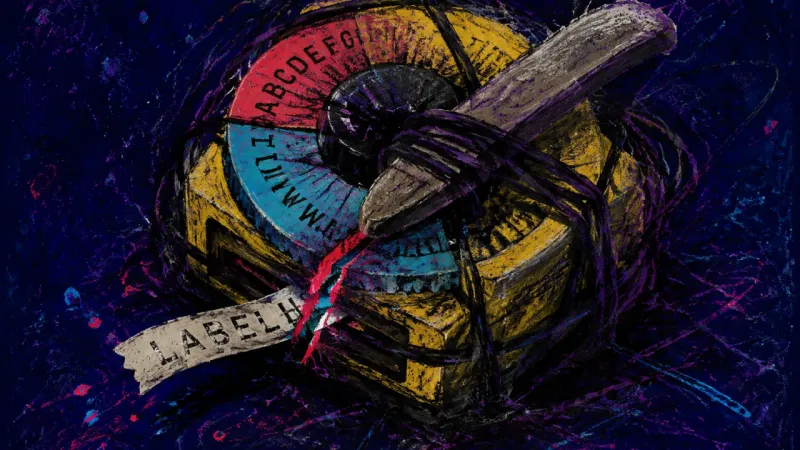 A distorted label maker trapped in chaotic lines, representing self-surveillance that turns simple