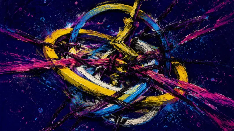 A deformed gyroscope trapped in crossing loops, representing reinvention fatigue and the loss of