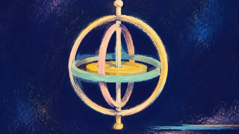 A restored gyroscope with evenly aligned rings, representing grounded curiosity, balanced choice, और