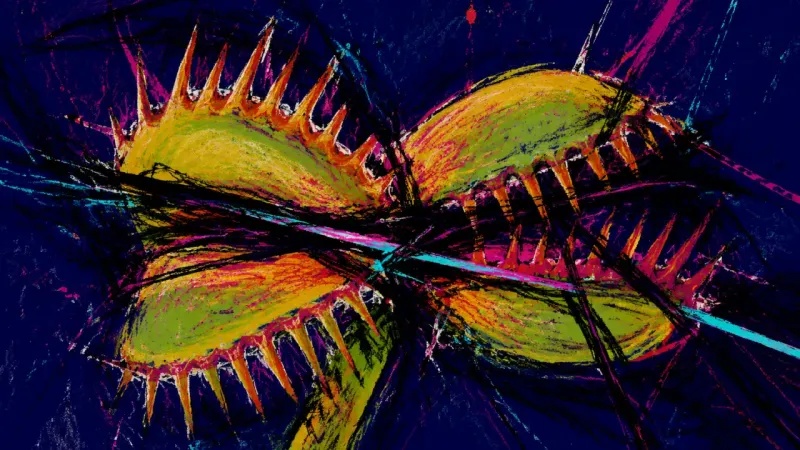 Premature Closure A distorted Venus flytrap clamped in tangled lines represents decision anxiety and premature commit