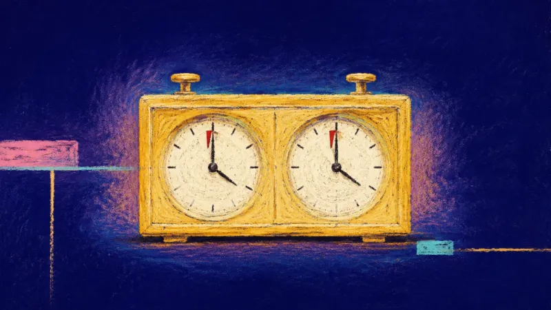 Time Returned A restored chess clock with balanced dials and released controls, representing uncertainty contained