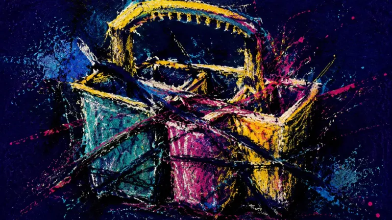 Collapsed Compartments A collapsed cleaning caddy bound by chaotic lines represents invisible domestic labour, perfectionis