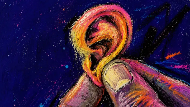 Quiet Compression A hand folds an ear into a tight crease, symbolizing the private tension behind postponed decisions
