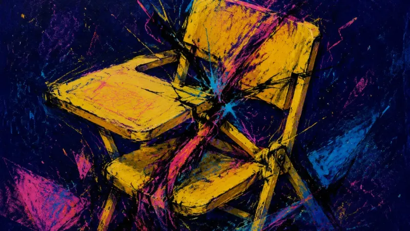 Seat of Stalemate A crushed lecture chair bound by tangled lines, symbolizing academic choice paralysis and the