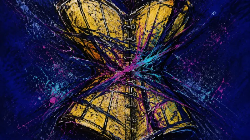 Compulsory Care A corset crushed by tangled lines and collapsed fastenings, representing exhaustion from one-sided