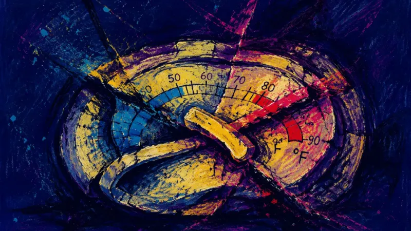 A distorted thermostat bound by chaotic lines, representing family approval anxiety and the