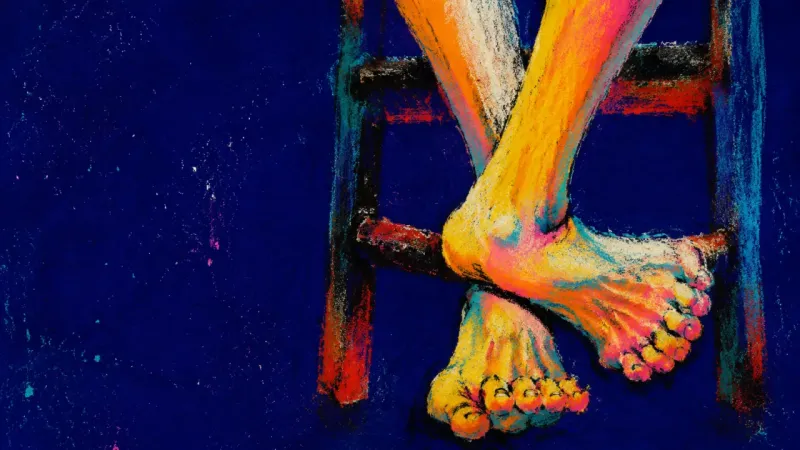 Two ankles lock around a chair rung as both feet curl, symbolizing hidden strain after suppressing 진