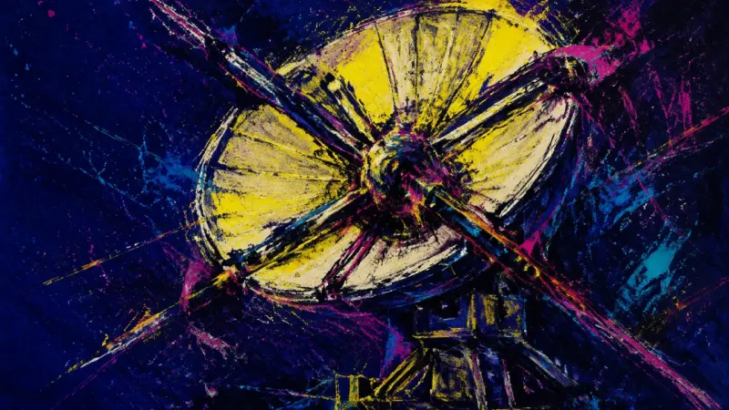 Signal Under Siege A crushed satellite dish tangled by dense lines, representing emotional suppression, compulsive