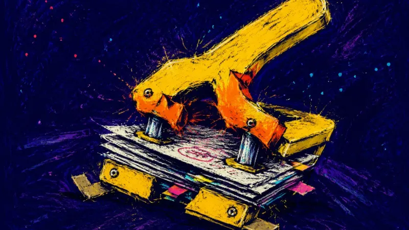 A two-hole punch crushed around an unfinished project packet, symbolizing the backlog that grows