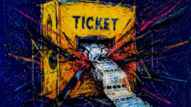 Queue Beyond Repair A ticket dispenser crushed by a jammed queue, representing deadline procrastination and the loss of