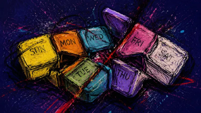Crushed Sequence A pill organizer crushed into a tangled block, representing the self-help consumption loop and the