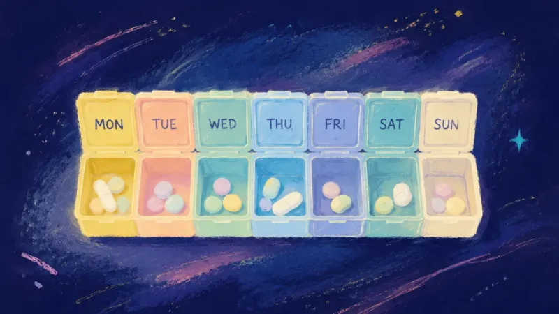 Evidence in Order A pill organizer restored to a balanced seven-part sequence, representing agency rebuilt through ছোট