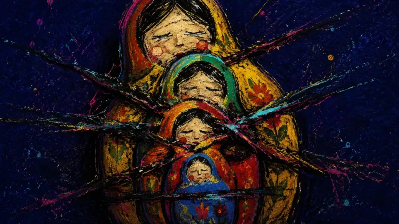 Compressed Inheritance Crushed nesting dolls bound by tangled lines represent family-role guilt, suppressed limits, and