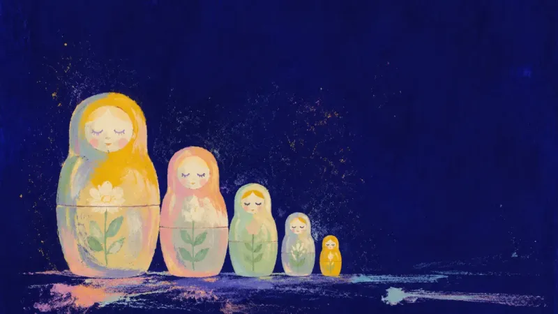Belonging Reframed Restored nesting dolls with distinct, balanced forms represent chosen care, clear limits, and family