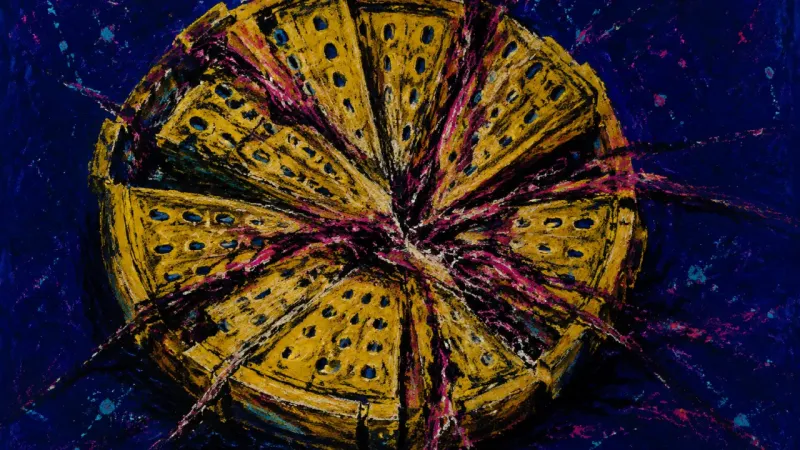 Overdrawn Capacity A steamer basket crushed by tangled lines, representing career opportunity FOMO, social depletion,