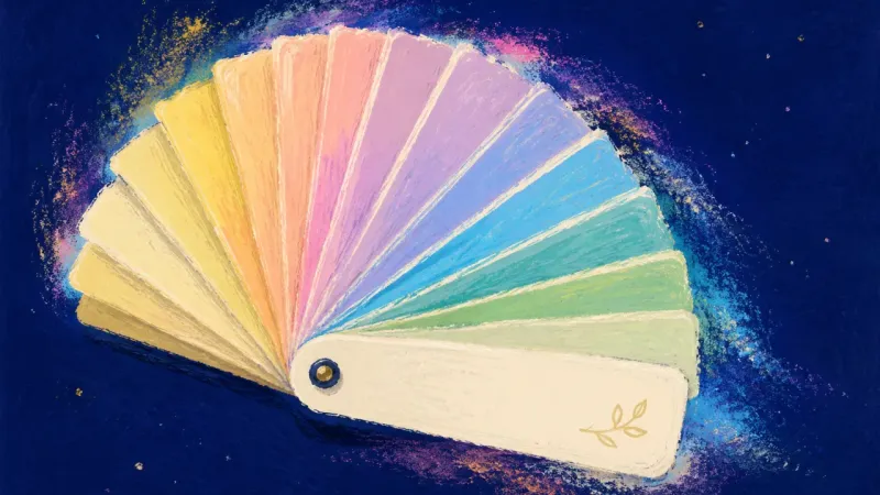 A fully opened swatch deck in balanced order, symbolizing reduced-hours work aligned with clear-pri
