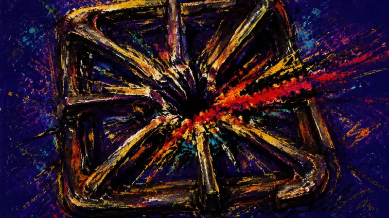 Collapsed Support System A crushed stove grate bound by chaotic lines, representing family mediator burnout and the pressure