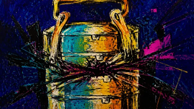 Tiered Collapse A crushed tiffin carrier with tangled tiers represents hyper-independence, overload, and fear that