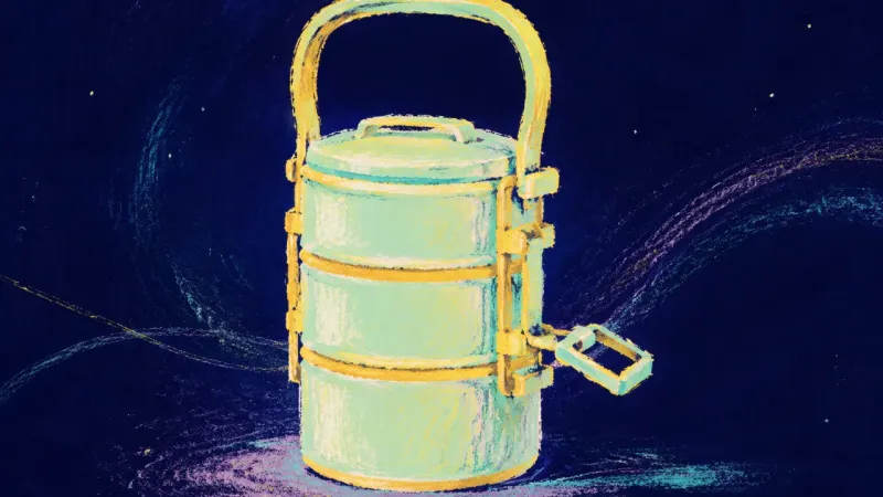Tiers Restored A restored tiffin carrier with ordered tiers and one released latch represents balanced support,