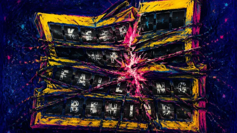 Schedule Under Siege A split-flap display crushed by chaotic lines, representing social-clock anxiety and the loss of tr
