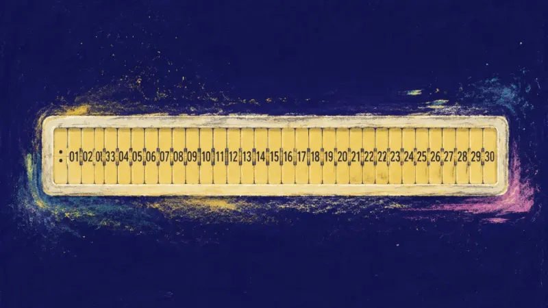 Timing Reclaimed An orderly split-flap display with thirty aligned modules represents release from social-clock press