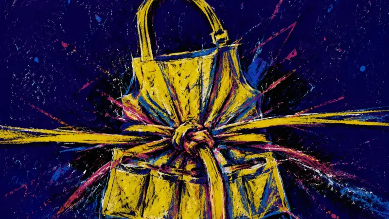 Craft Under Constraint An apron crushed into knots and jagged divisions, representing a creative side hustle suffocated by