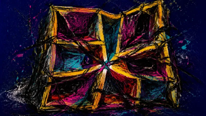 Compressed Belonging A cubby shelf crushed into tangled compartments, representing belonging withheld by fear that carein