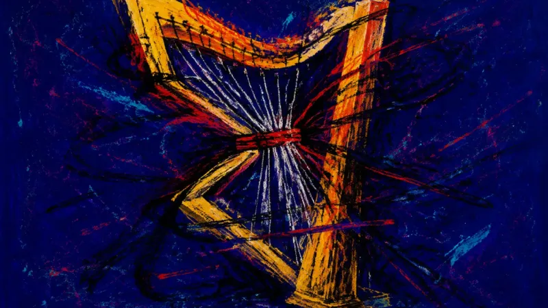 Strangled Harmony A distorted harp bound by dense crossing lines, representing romantic longing trapped in a cycle of