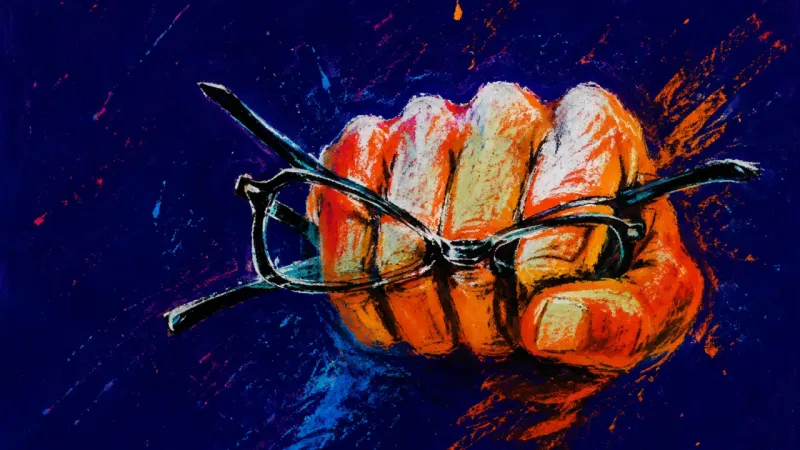A clenched hand crushes folded eyeglasses, symbolizing a mentor's urge to control every decision in