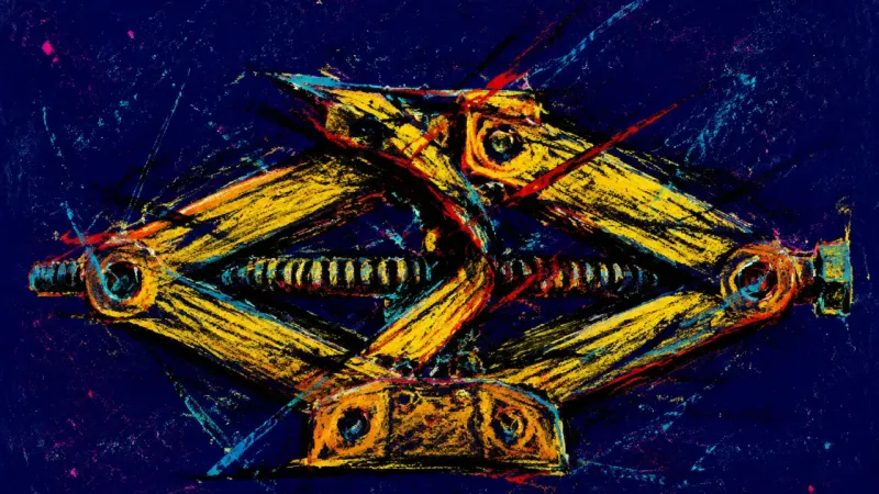 Support Under Command A collapsed scissor jack bound by tangled lines, representing micromanagement that compresses a