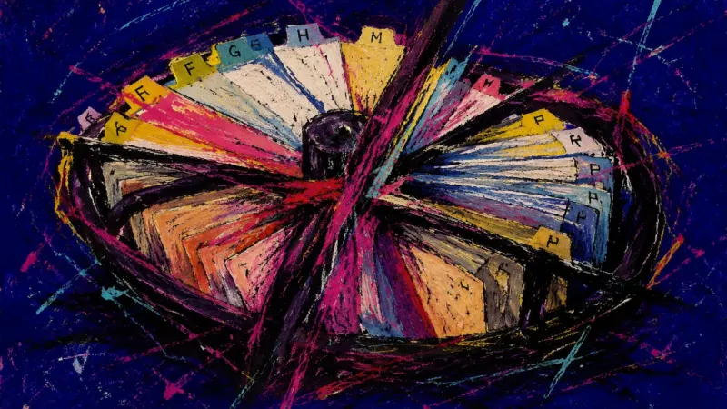 An index-card carousel crushed into a tangled mass, representing grad application procrastination,0