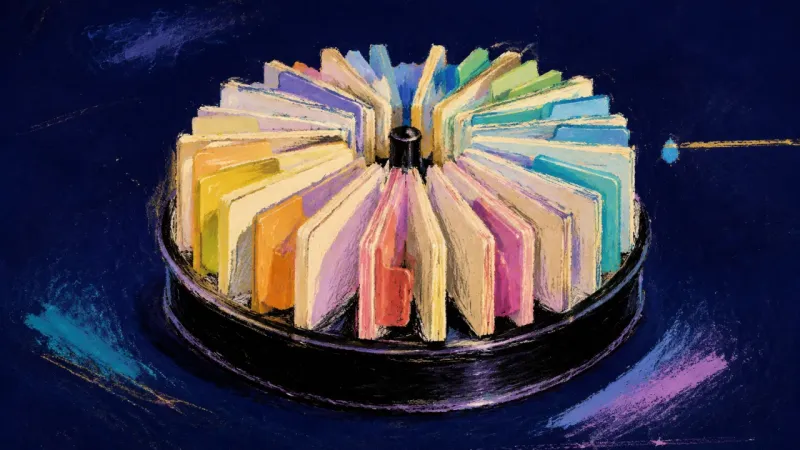 A restored index-card carousel with evenly separated cards, representing manageable application,0