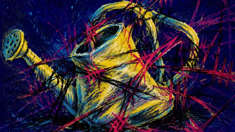 Care Under Audit A crushed watering can bound by dense tally marks, representing insecure overgiving, hidden