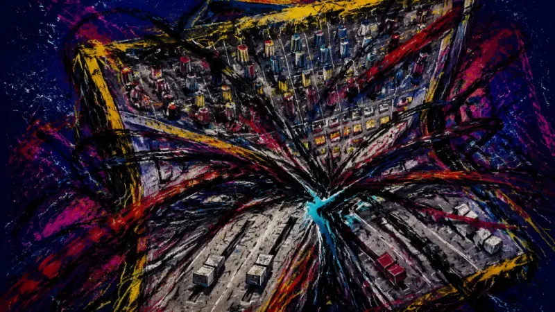 A mixing console crushed into tangled channels, representing belonging anxiety and the oppressive