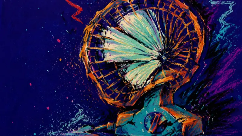 Air Held Hostage A desk fan crushed into a blocked cluster, symbolizing motivation that moves only when deadline